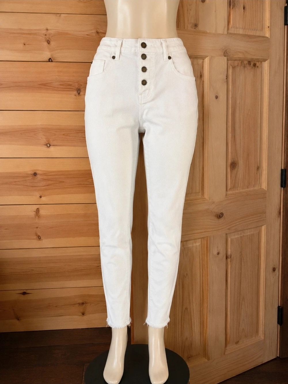 High-Rise White Button-Front Ankle Jeans